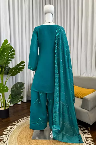 Teal chanderi thread farshia salwar set