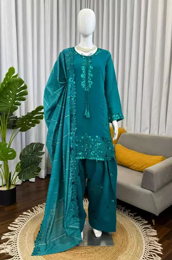 Teal chanderi thread farshia salwar set