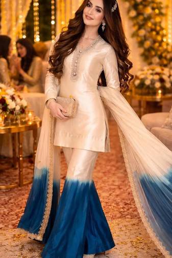 Beige silk blend embroidered plazzo set