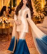 Beige silk blend embroidered plazzo set