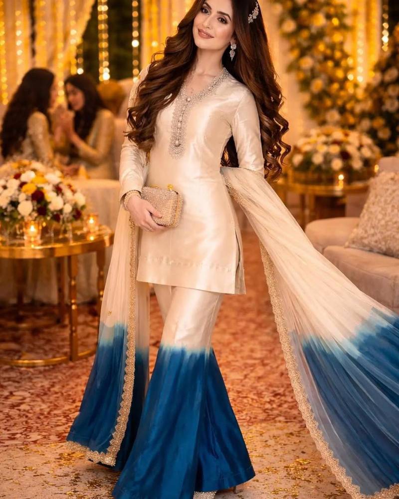 Beige silk blend embroidered plazzo set