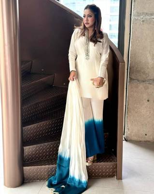 Beige silk blend embroidered plazzo set 2