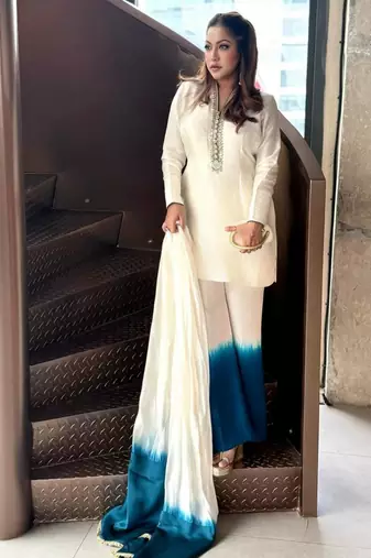 Beige silk blend embroidered plazzo set