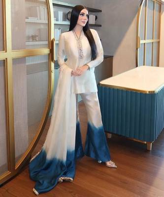 Beige silk blend embroidered plazzo set 3