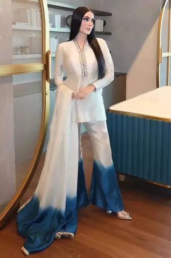 Beige silk blend embroidered plazzo set