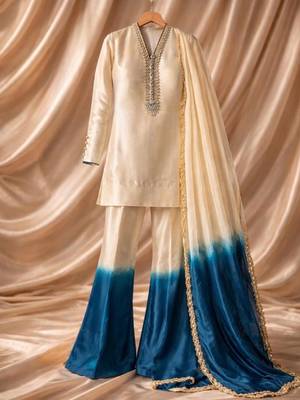 Beige silk blend embroidered plazzo set 4