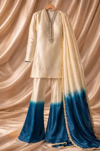 Beige silk blend embroidered plazzo set