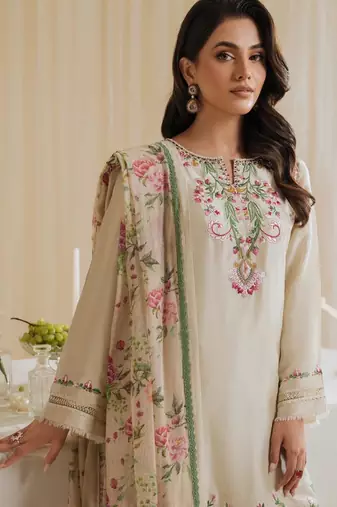 Beige crepe embroidered farshi salwar set
