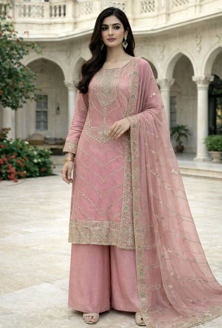 Pink silk blend sequins palazzo set