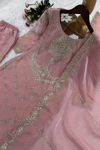Pink silk blend sequins palazzo set