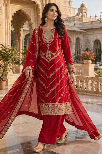 Red silk blend sequins palazzo set