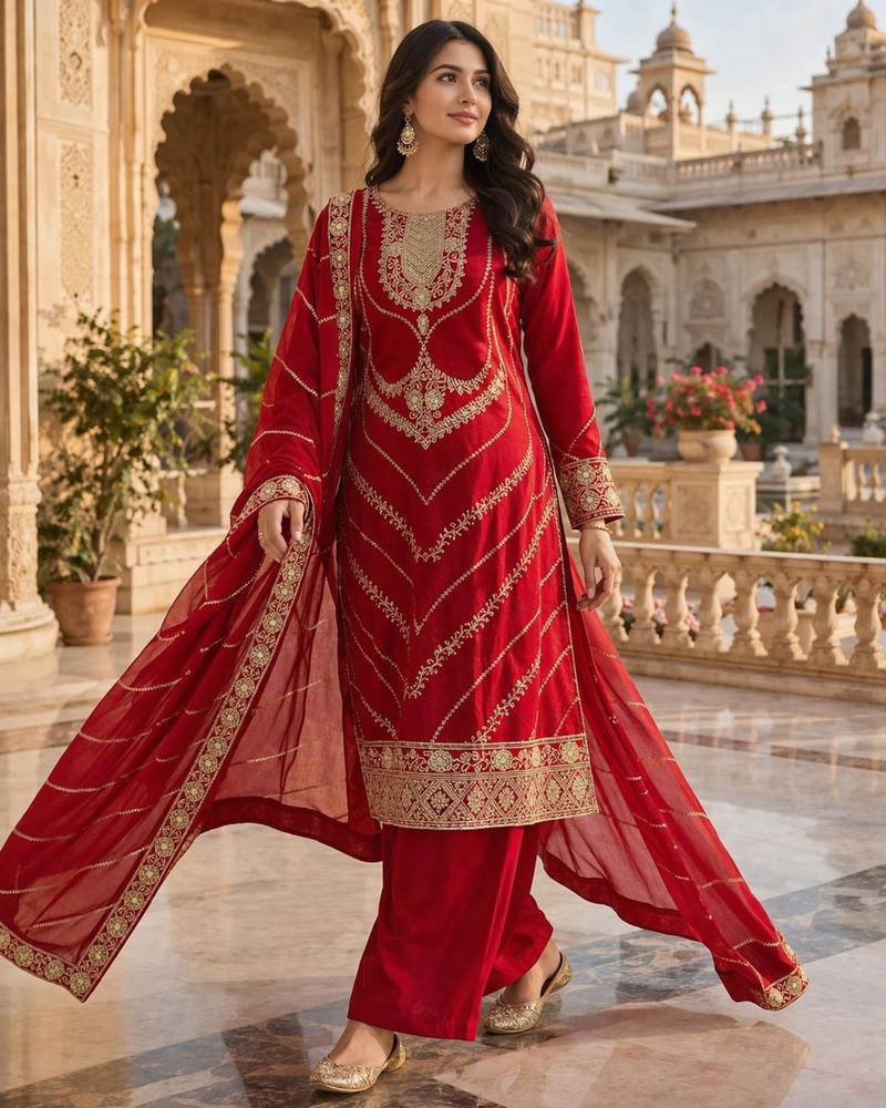 Red silk blend sequins palazzo set