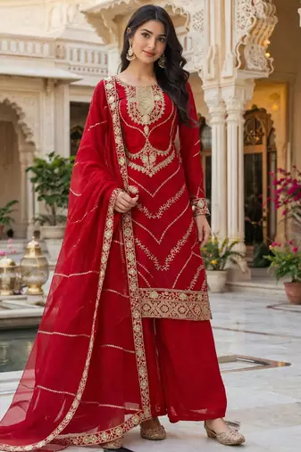 Red silk blend sequins palazzo set