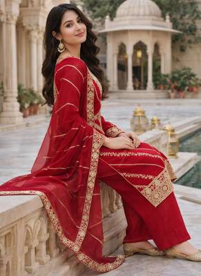 Red silk blend sequins palazzo set 3