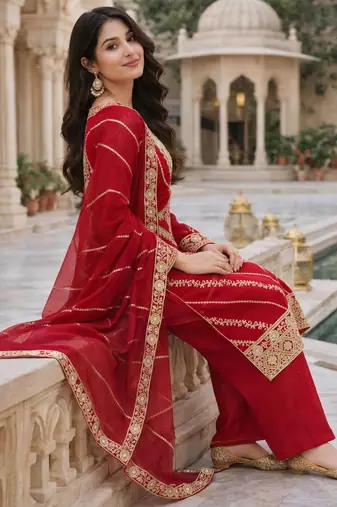 Red silk blend sequins palazzo set