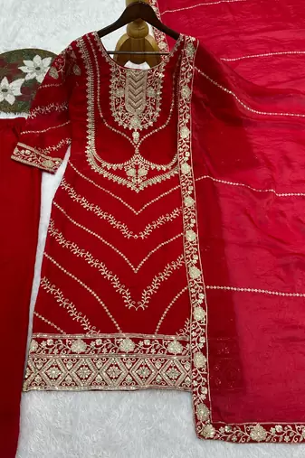 Red silk blend sequins palazzo set