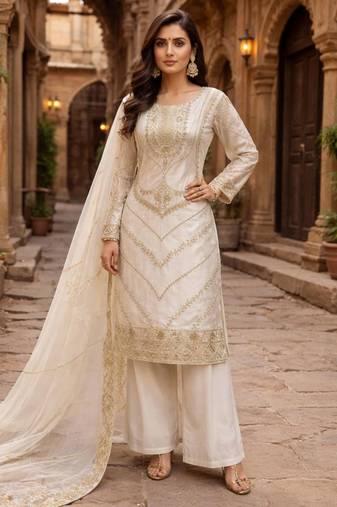 Cream silk blend sequins palazzo set