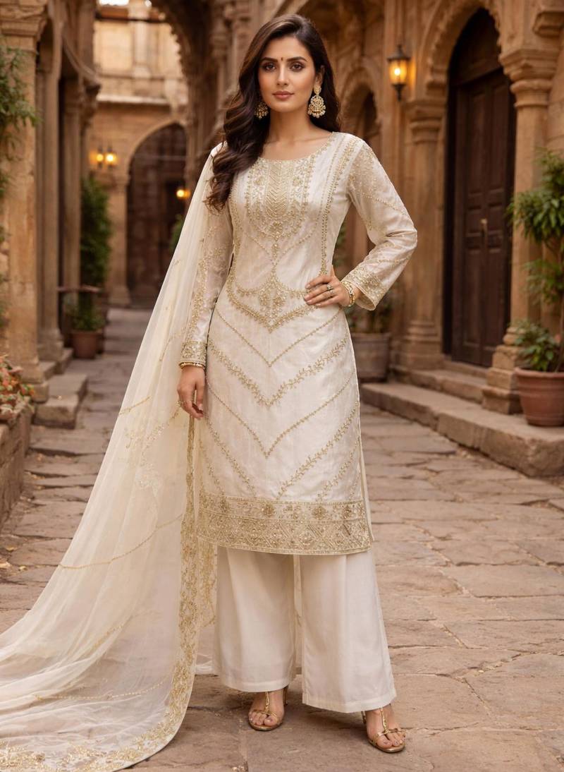 Cream silk blend sequins palazzo set