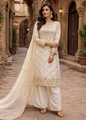 Cream silk blend sequins palazzo set 2