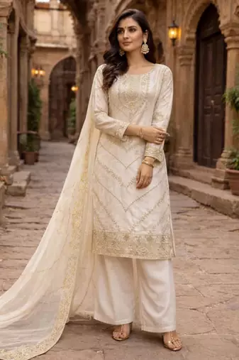 Cream silk blend sequins palazzo set
