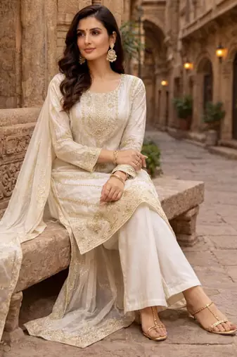 Cream silk blend sequins palazzo set
