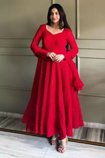 Red faux georgette sequins anarkali gown set