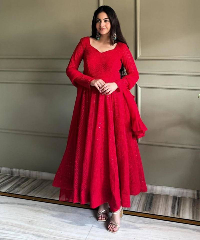 Red faux georgette sequins anarkali gown set