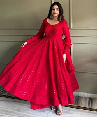 Red faux georgette sequins anarkali gown set 4