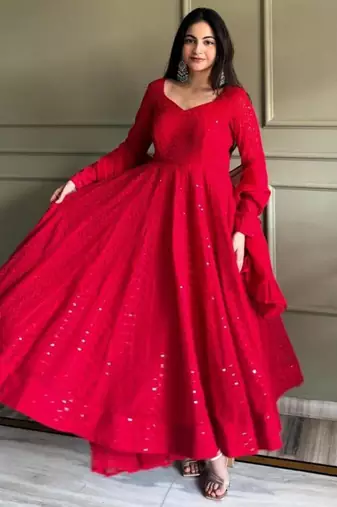 Red faux georgette sequins anarkali gown set