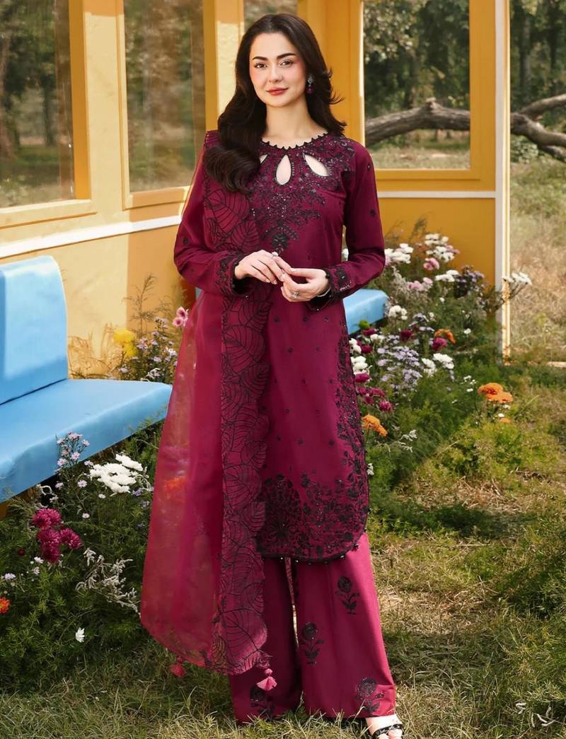 Wine rayon embroidered palazzo set