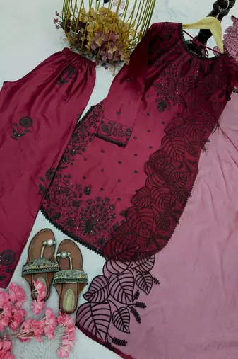 Wine rayon embroidered palazzo set