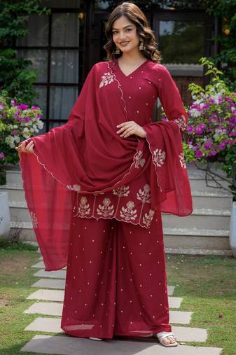 Red silk blend embroidered farshi palazzo set