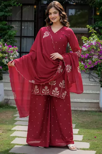 Red silk blend embroidered farshi palazzo set