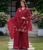Red silk blend embroidered farshi palazzo set