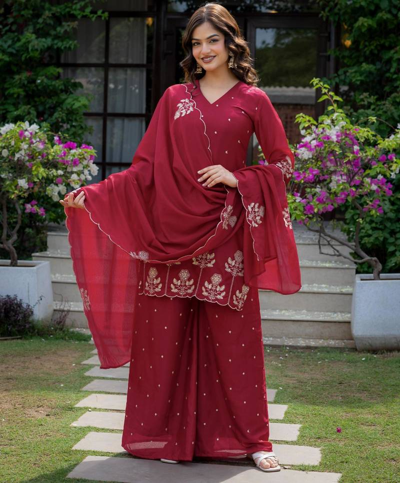 Red silk blend embroidered farshi palazzo set