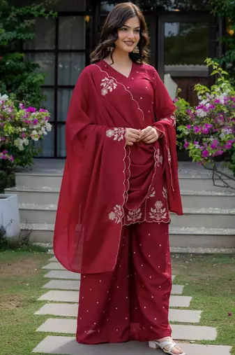 Red silk blend embroidered farshi palazzo set