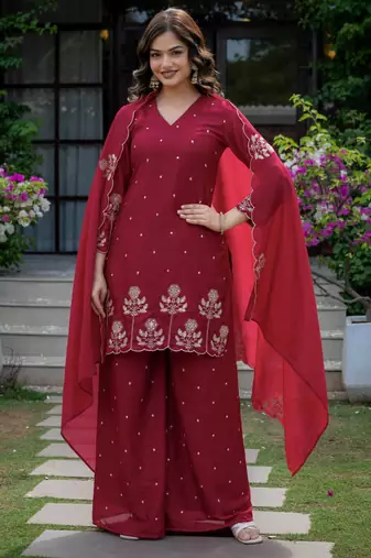 Red silk blend embroidered farshi palazzo set