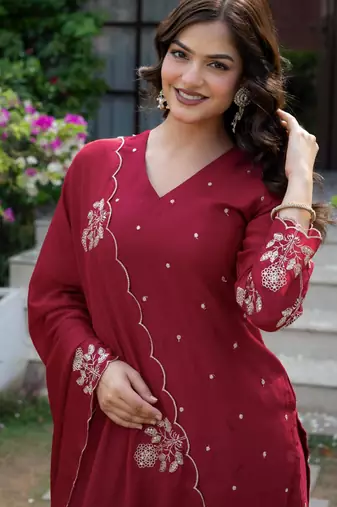 Red silk blend embroidered farshi palazzo set