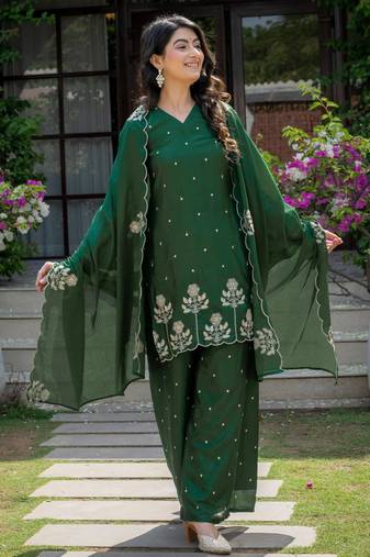 Dark green silk blend embroidered farshi palazzo set