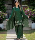 Dark green silk blend embroidered farshi palazzo set