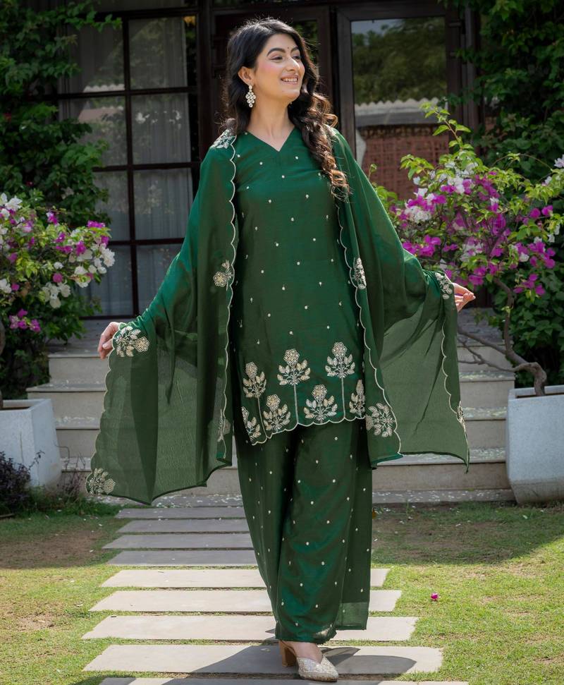 Dark green silk blend embroidered farshi palazzo set