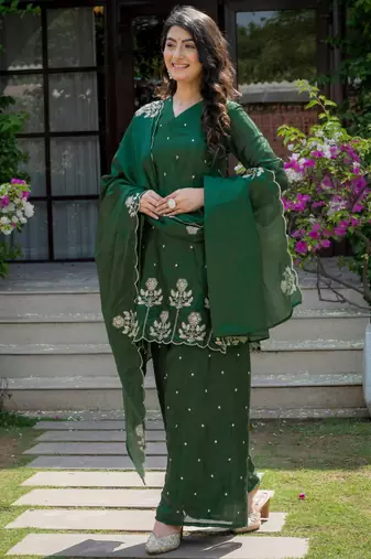 Dark green silk blend embroidered farshi palazzo set