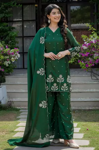 Dark green silk blend embroidered farshi palazzo set