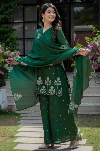 Dark green silk blend embroidered farshi palazzo set