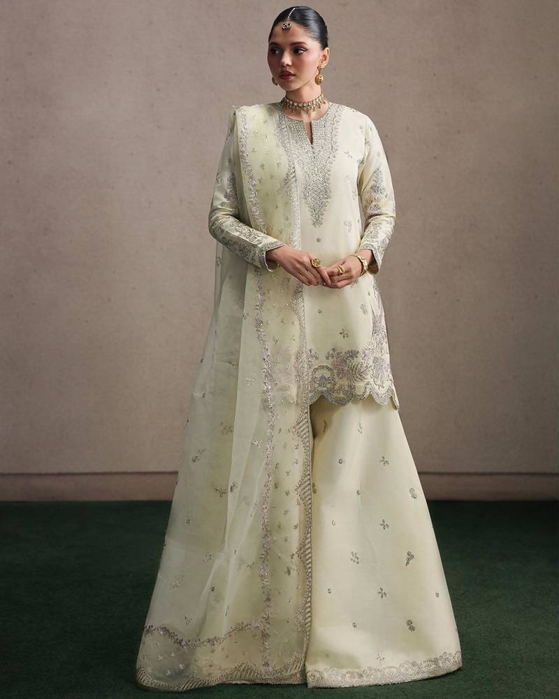 Cream crepe embroidered sharara set