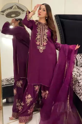Purple crepe embroidered farshi palazzo