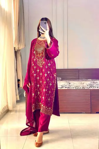 Rani pink faux georgette embroidered trouser set