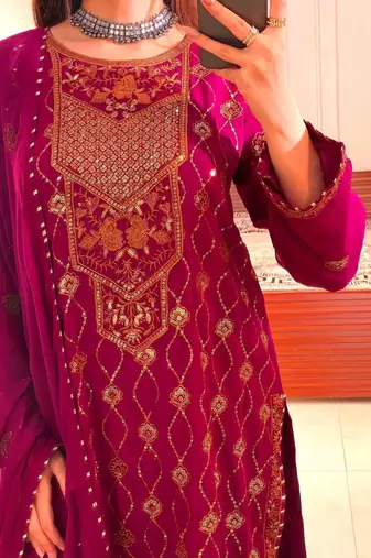 Rani pink faux georgette embroidered trouser set