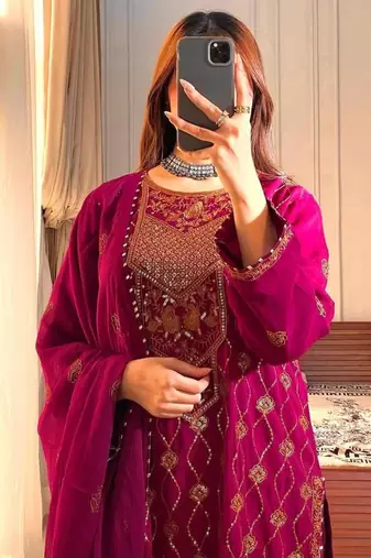 Rani pink faux georgette embroidered trouser set