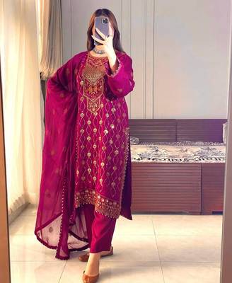 Rani pink faux georgette embroidered trouser set 1